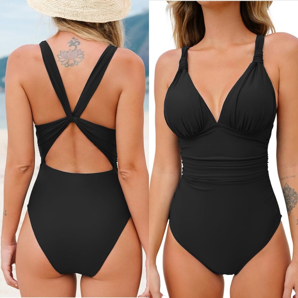 One Piece Swimsuit Deep V‎ Neck Tummy Control Ruched V Back Classic Bathing Suit